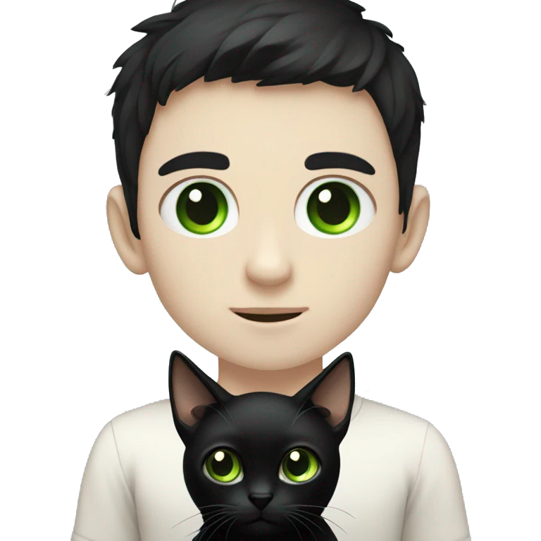 pale boy with black hair and black eyes holding a black cat with green eyes emoji