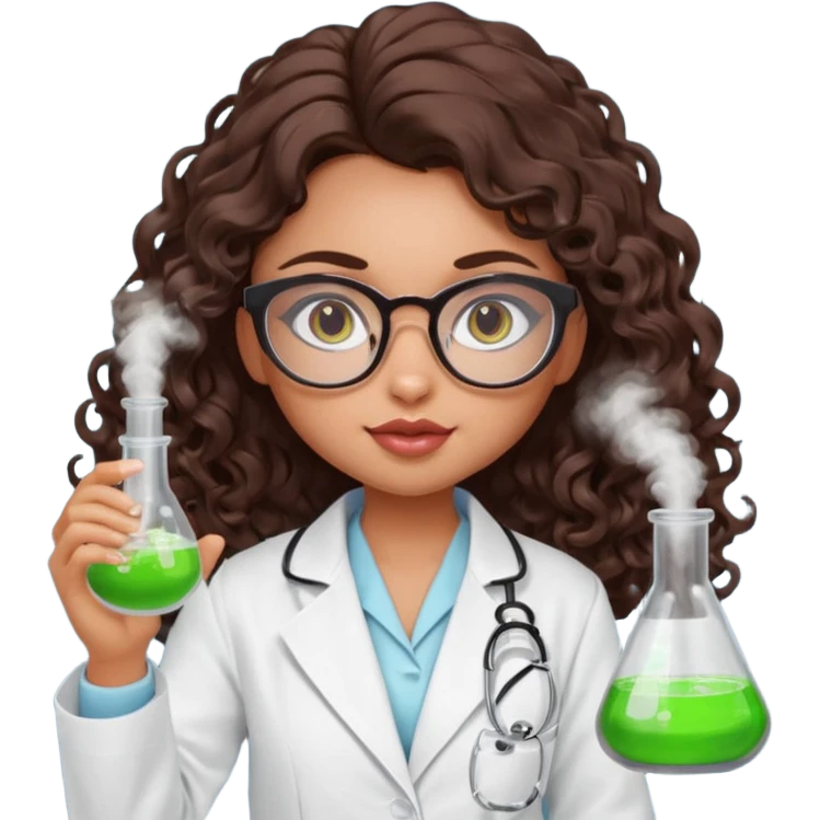 realistic bratz doll with long curly dark brown hair, glasses that are round cat eye vibes, in a lab coat mixing beakers that glow emoji