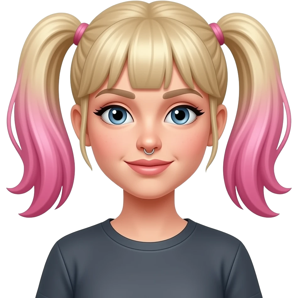 Woman with blonde hair and pink pigtails, dark Gray shirt, and nose piercing emoji