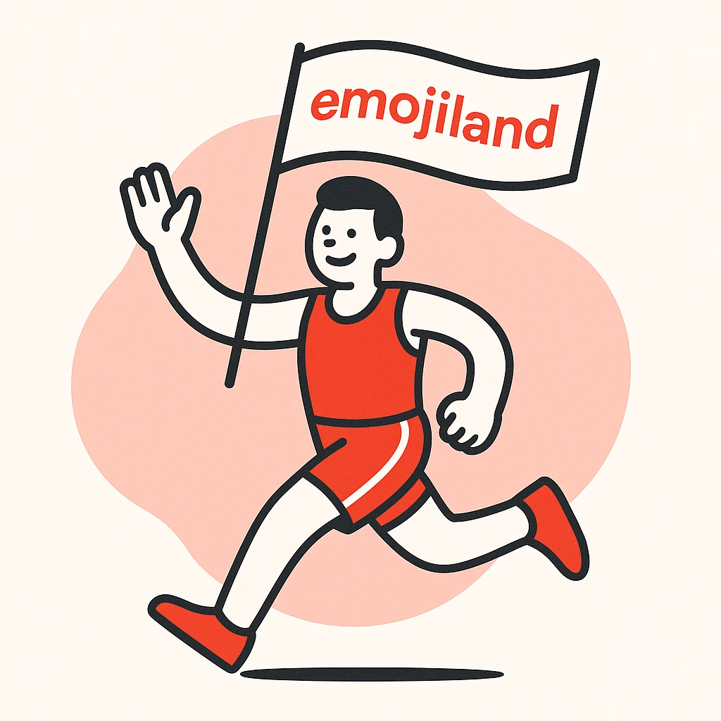 happy runner waving a flag that says 'emojiland' emoji