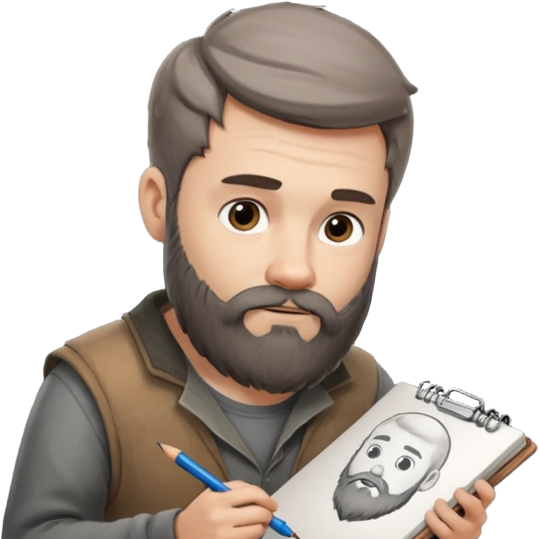Bearded man  drawing boy character with charcoal in sketchbook emoji