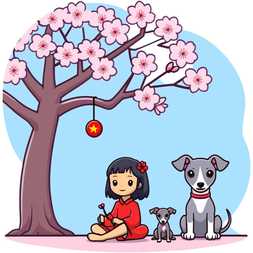 A young Chinese girl with long black hair and a dark grey Italian Greyhound with absolutely no white marks on its body or nose sitting under a cherry blossom tree emoji