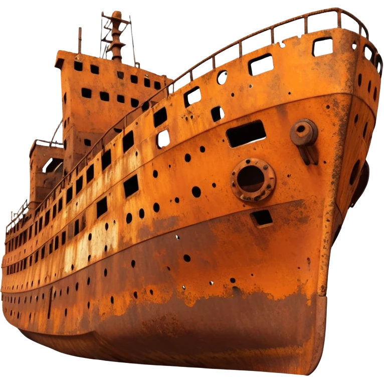 rusted ship wreck, heavily corroded metal hull, orange-brown rust textures, abandoned old ship, weathered surface, dramatic lighting, cinematic atmosphere, 3D cartoon style, mobile game environment art, clean composition, no people, no text, no watermark
 emoji
