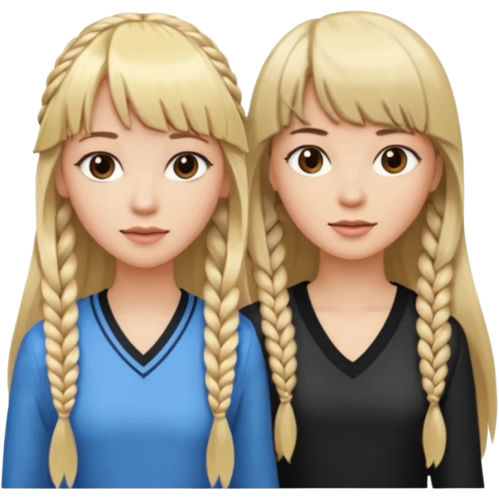 Woman very long flowing blonde hair With BANGS standing next to woman DARK BROWN HAIR with BANGS ONE BRAID on one side.   emoji