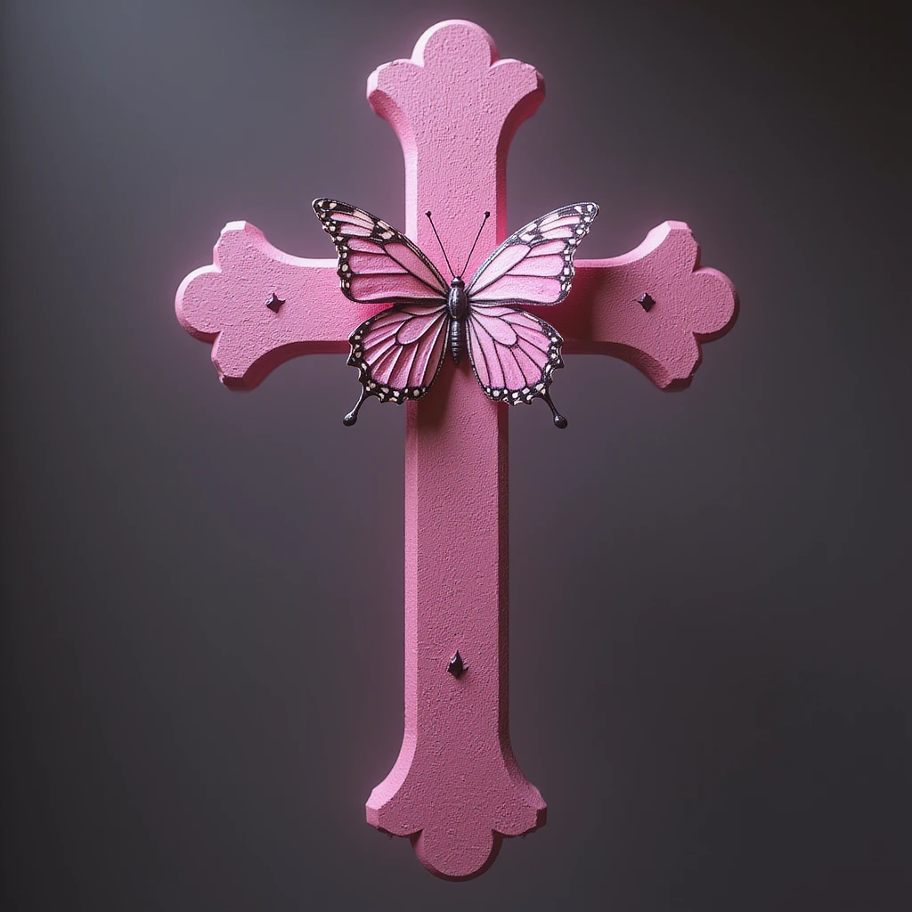 realistic gothic cross, pink with butterfly accents, photorealistic style, no background emoji