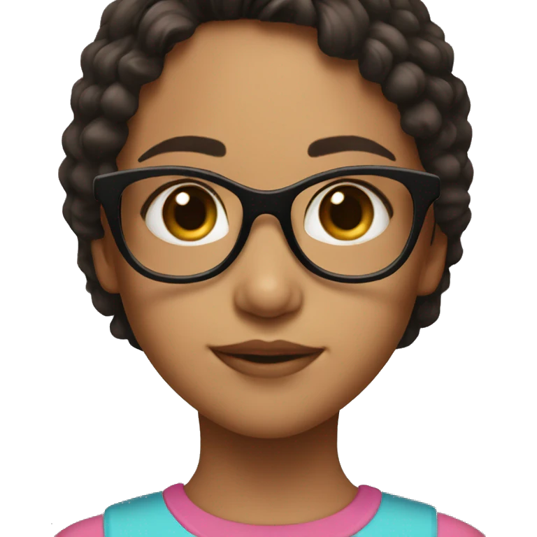 young girl with pink glasses and brown eyes and brown and black hair emoji
