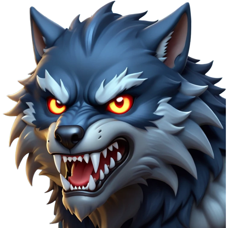 cinematic-noble-fierce-werewolf-head-close-up-emoji, poised-and-imposing, with a fierce wolfish face featuring glowing eyes full of primal ferocity, sharp, elongated fangs and a rugged snout, fur rippling in shades of midnight black and silver, muscles tensed and hunched over in an intense, threatening stance; rendered with realism, capturing the raw, untamed power of the beast beneath the moonlit sky emoji