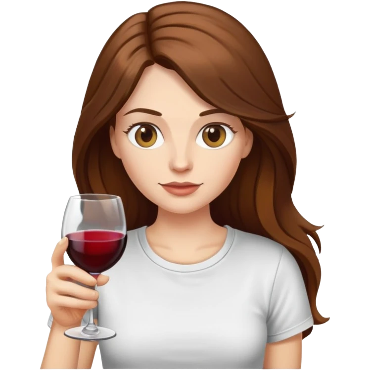 Long brown hair white female emoji drinking a glass of wine wearing a t shirt emoji