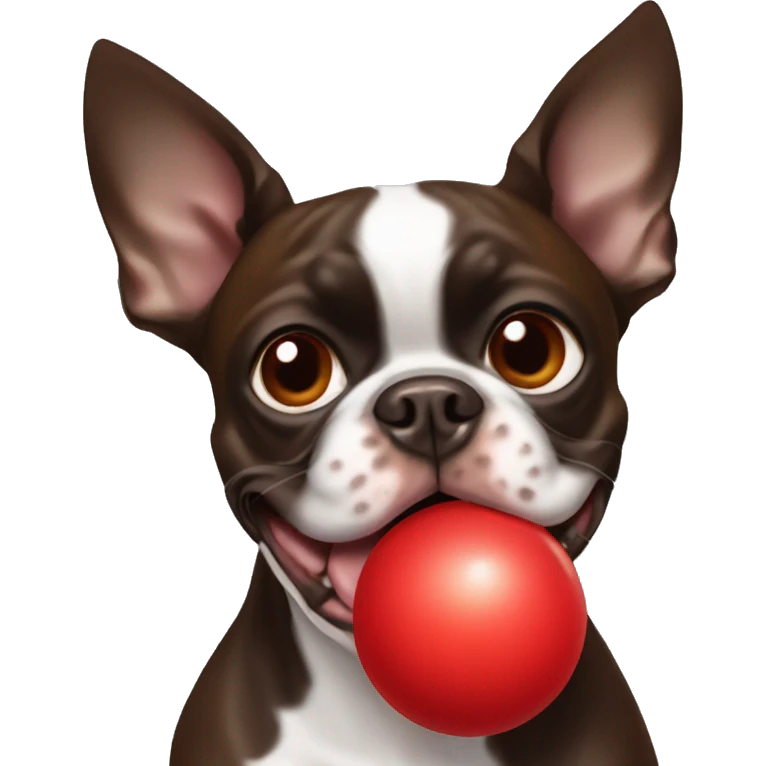 Brown Boston terrier with a red ball in his mouth emoji
