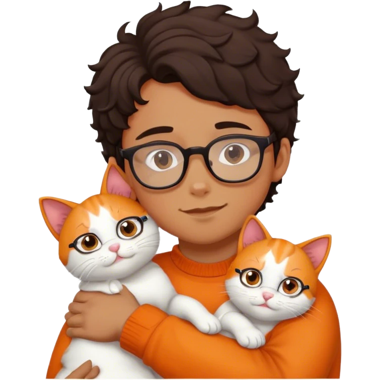 Boy with curl dark hair and glasses hugs white and orange cat emoji