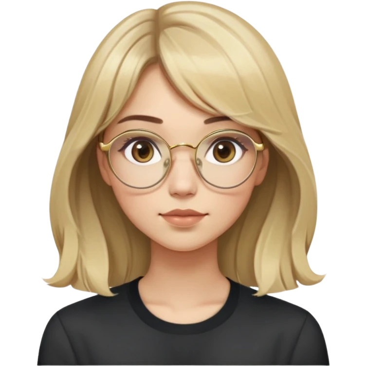 young adult woman with light skin, soft cheeks and round face, voluminous blonde-brown hair with slight waves and long bangs, large octagonal glasses with thin gold frame, dark casual shirt, calm and creative expression emoji