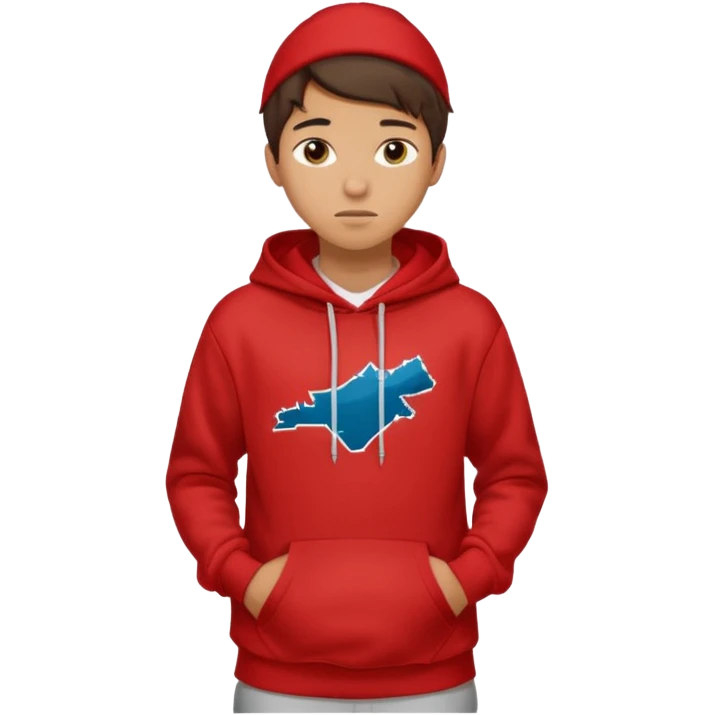 make me an emoji of an americain 19 yearold boy in a red hoodie that says "south" on it and give him with tan skin with his hands in his hands in his pocket not grining flexing his muscles emoji