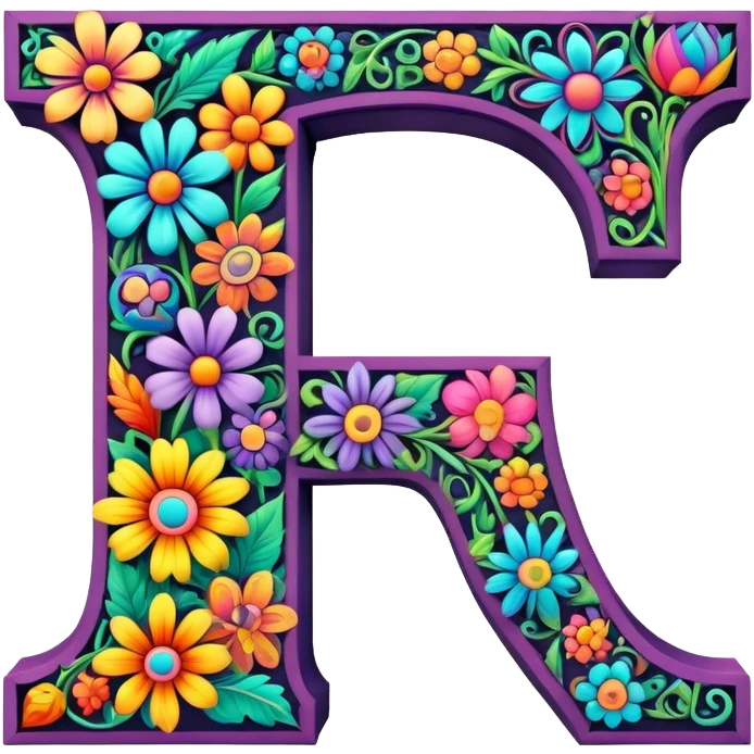 3D, gothic style psychedelic colored Letter T with hippie style flower border emoji