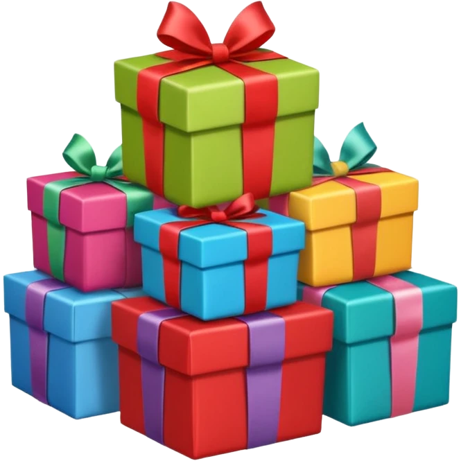 five gift boxes stacked in a pile, each gift box a different color, cute and bright, apple standard emoji style emoji