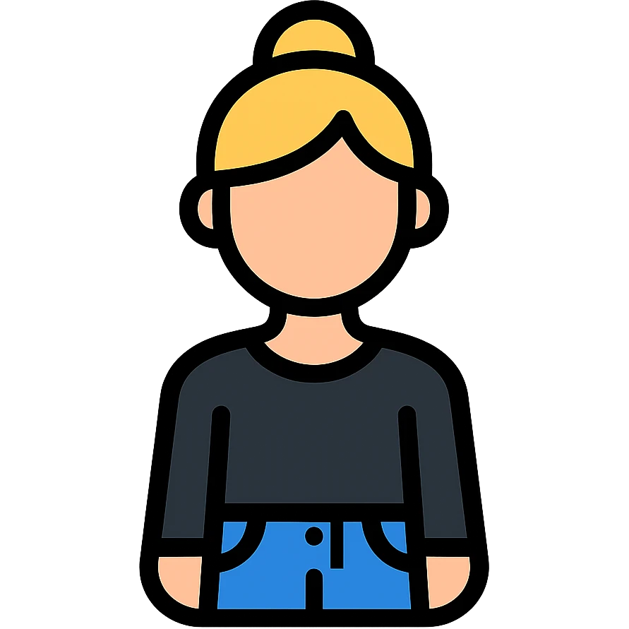 color outline icon of blond woman with bun, long sleeve black shirt, and jeans emoji