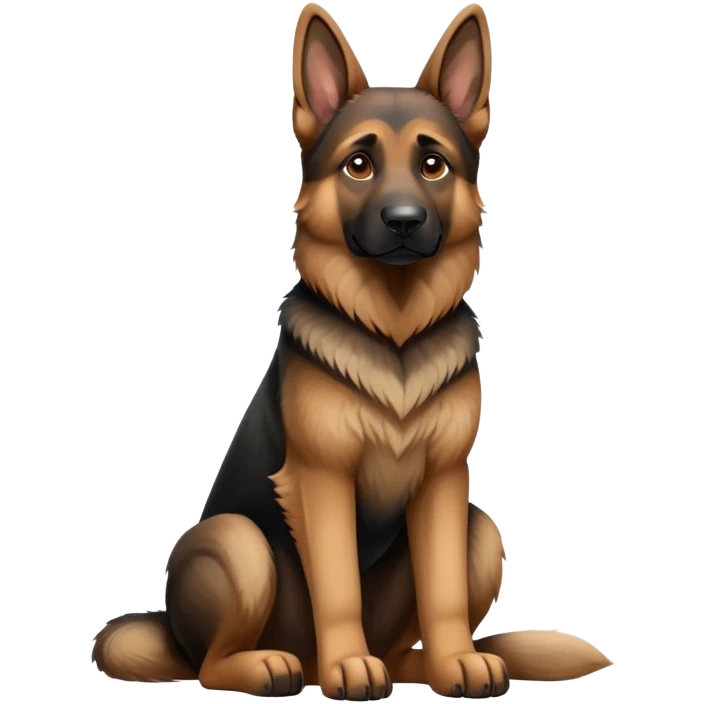 cinematic-[german shepherd]-realistic-full-body-sitting-emoji,-tail-resting-loosely-beside-its-paws,-head-tilted-dramatically,-sleek-[brown and black]-fur,-simplified-yet-realistic-focused-features,-highly-detailed,-glowing-with-an-almost-sarcastic-glow emoji