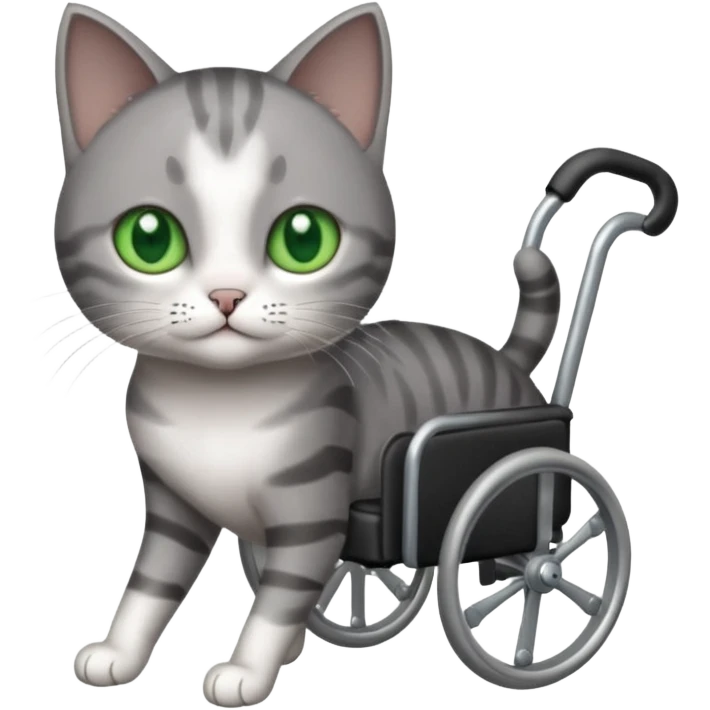 full body small short hair dark grey and white cat with green eyes walking in a wheelchair for cats emoji