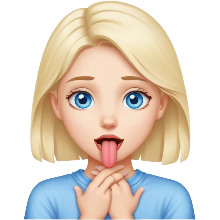 A blue eyed girl with hands crossed on her neck and tongue out emoji