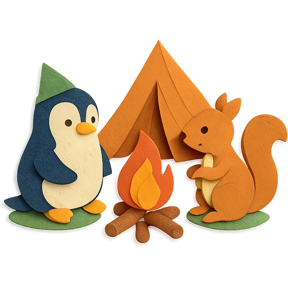 Pinguin und Eichhörnchen beim Campen, Papierbastel-Stil, Lagerfeuer emoji