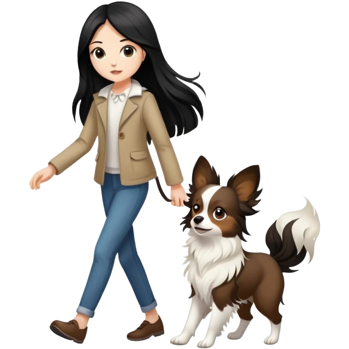 A girl with long black hair walks a brown and white papillon emoji
