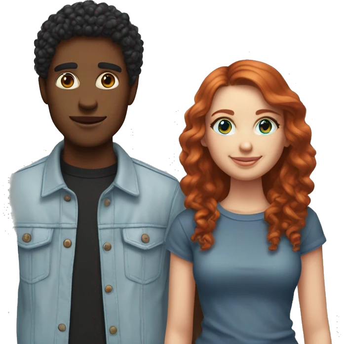 do couples with the girl having short/ medium length red hair and blue eyes, skin not super fair but light and the boy having same skin tone, black curly hair and brown eyes. If emojis of them standing do streetstyle clothing for both.  emoji
