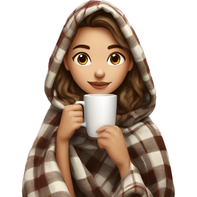 Beautiful girl wrapped in cozy plaid blanket drinking coffee emoji