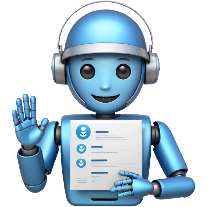 cute recruiter robot emoji, flat, smiling, holding a resume emoji