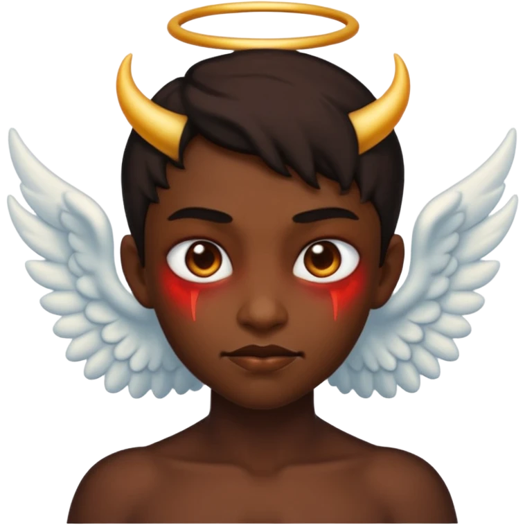 apple emoji style half demon half angel with one side light and the other dark each with respective features emoji
