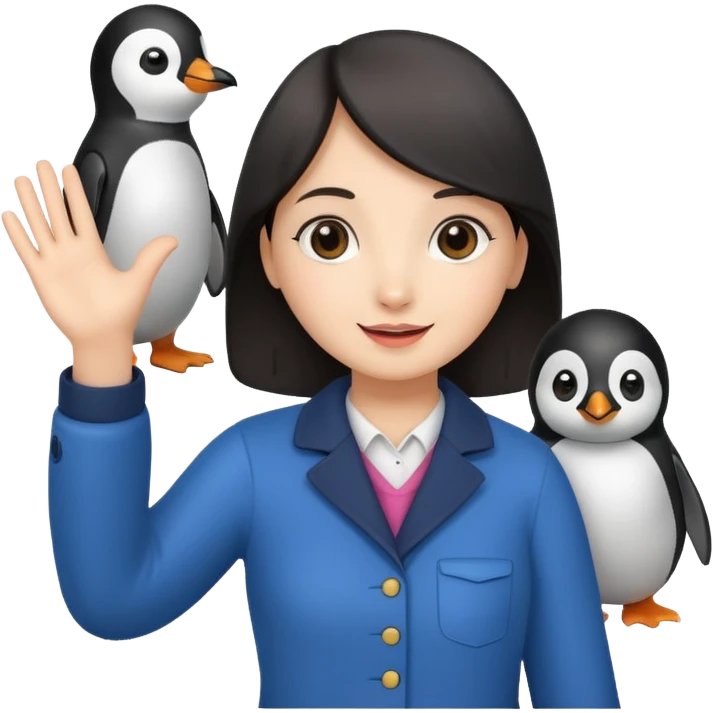 Girl waving hello while holding a penguin emoji