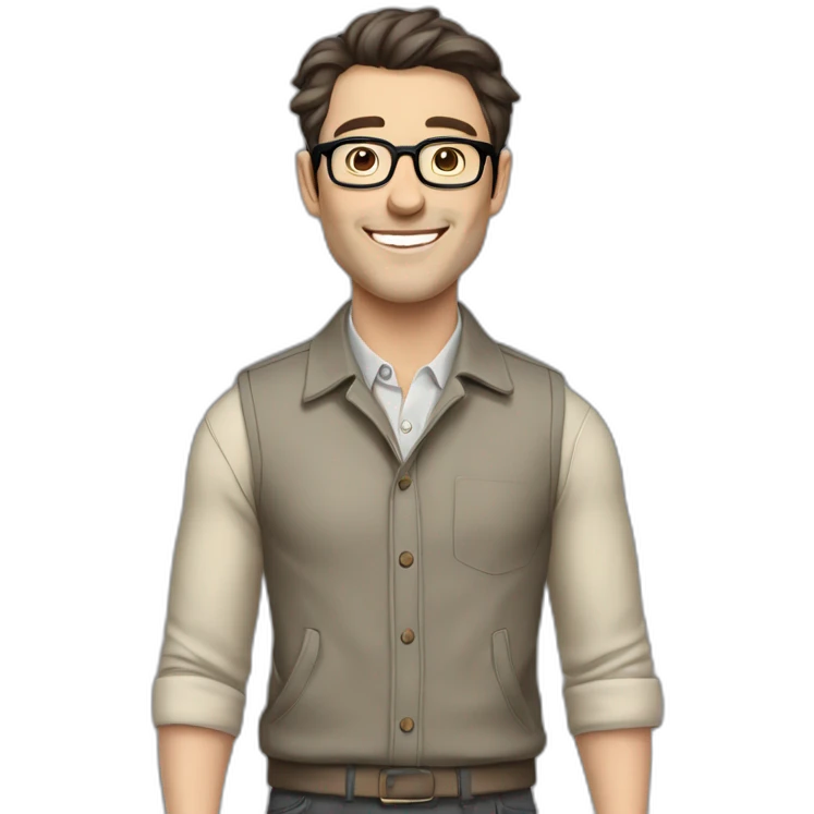 Joyful Full height Pale skinned Fit Man With dark brown hair in gray jacket, beige office shirt, Brown pants and vintage glasses. His thrumbs up emoji