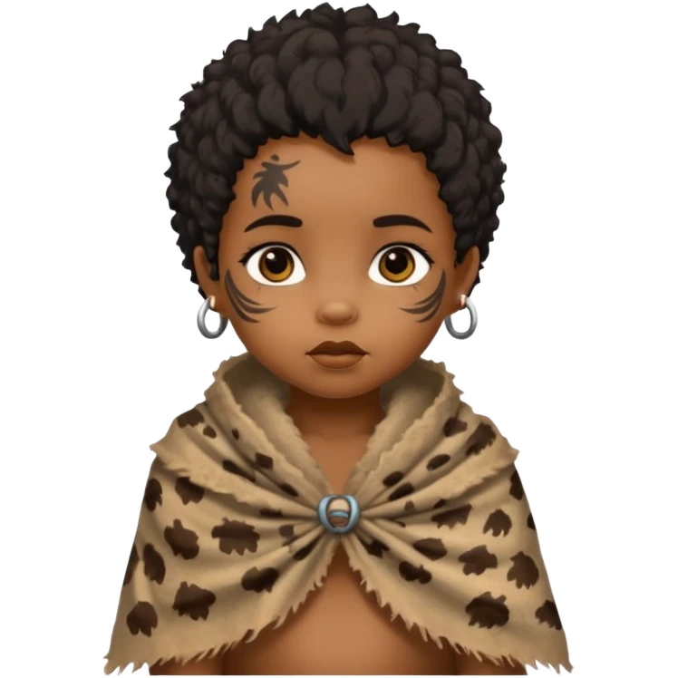 ancient hairy black baby tatooed girl, tattered animal skin shawl emoji