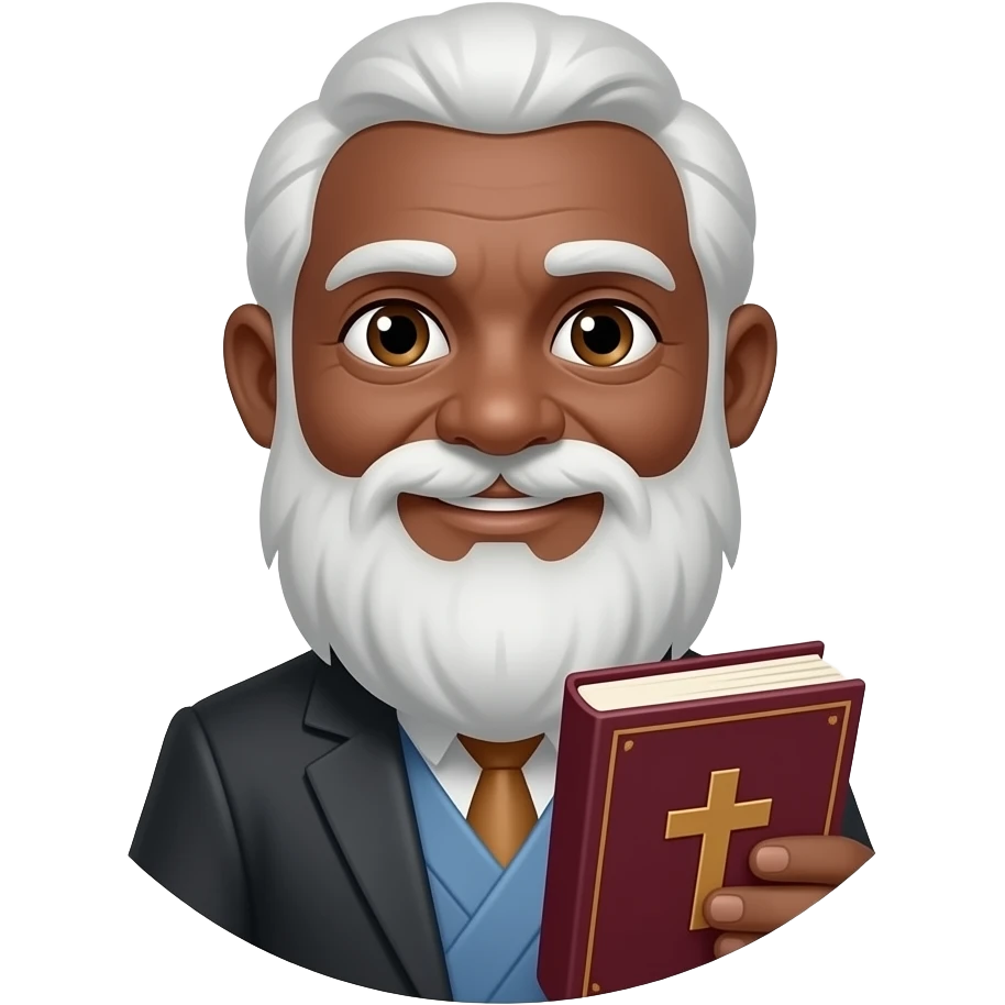 wise old man with greying white hair slight smile brown eyes white beard black skin with burgundy book that has a cross on it no circle emoji