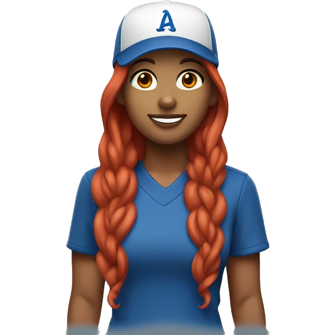 front facing standing up female coach with long red hair, wearing a white t-shirt and a simple baseball blue hat emoji
