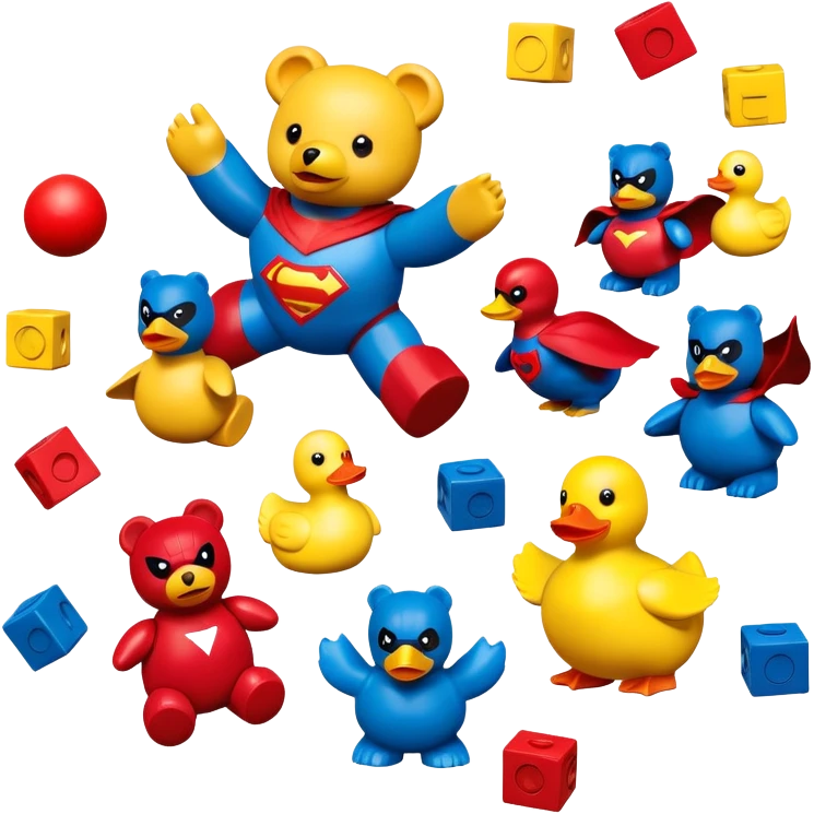 various colorful toys scattered together - teddy bear, rubber duck, toy blocks, ball, and action figures emoji