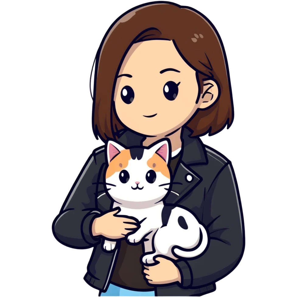Light-skinned girl with brown straight hair wearing a black jacket, along with one pure white cat and one calico cat emoji