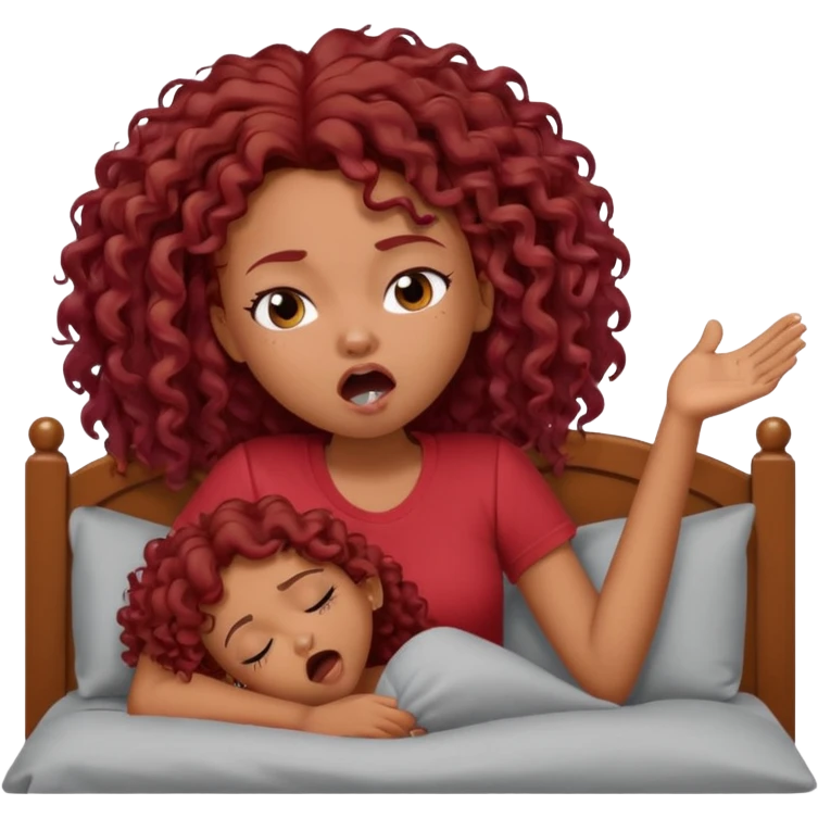 generate a pretty bratz brown skinned girl curly dark red hair, yawning in bed in a grey tshirt bored. emoji