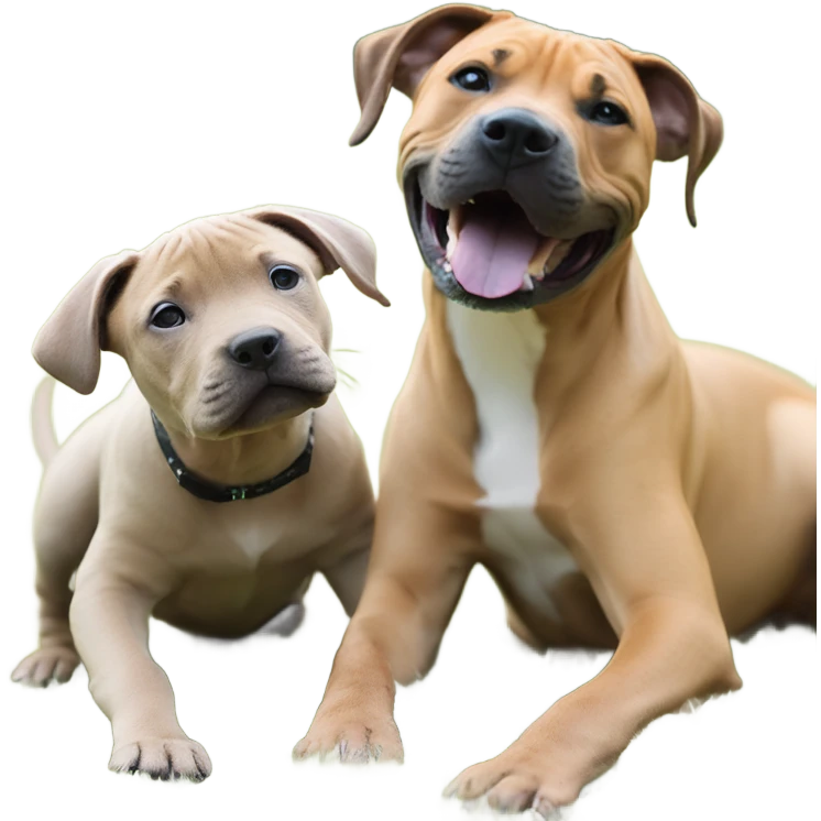 Black mouth cur puppy next to black and white smiling pit bull emoji