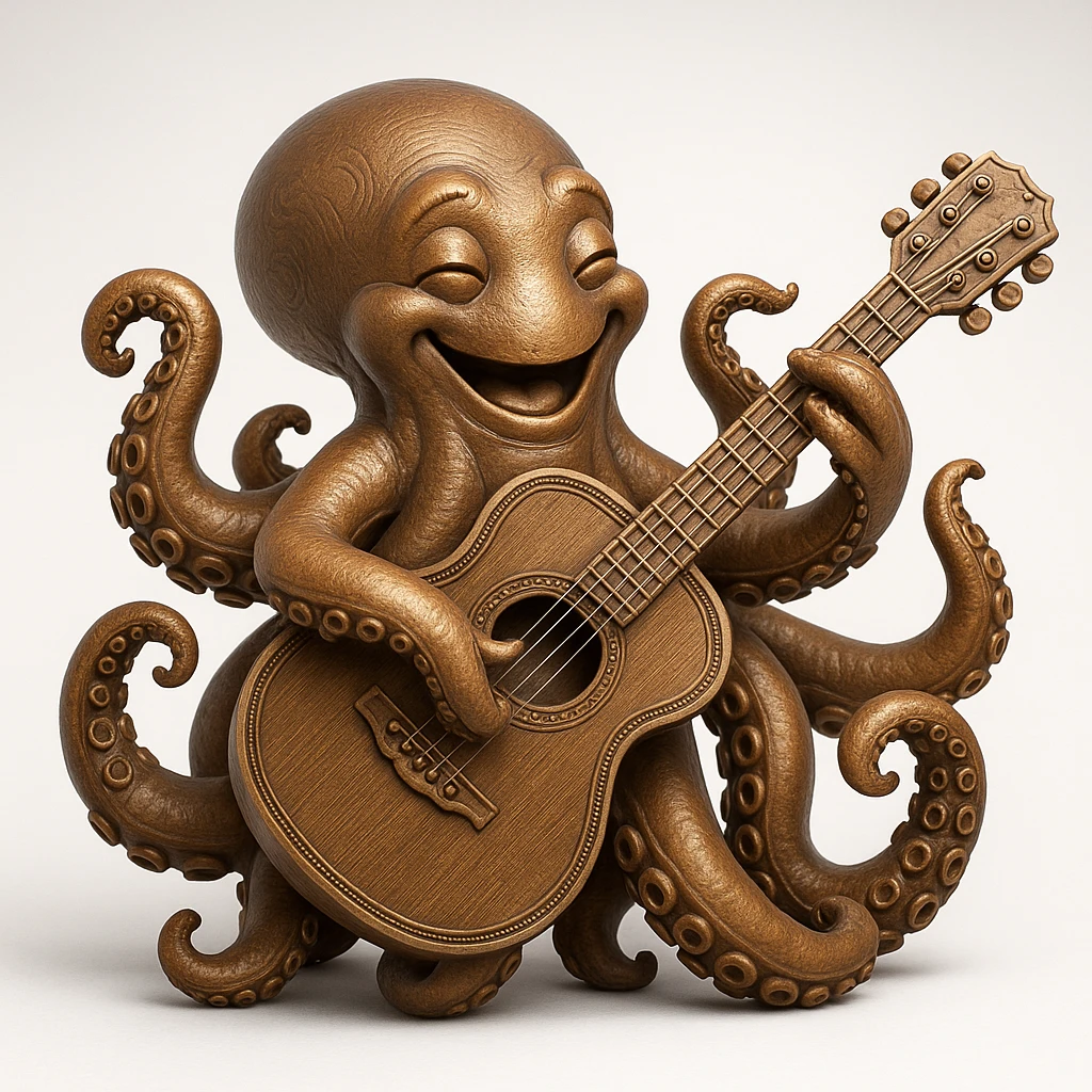 happy octopus with multiple arms playing guitar emoji