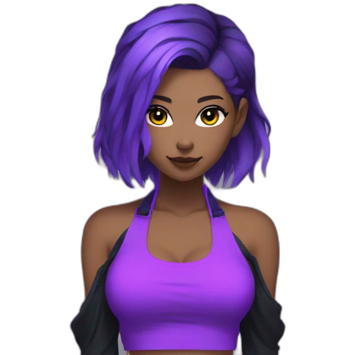 Generate a neon purple themed female anime character, wearing a black and blue cold-shoulder halter top with purple sleeves and purple hair. emoji