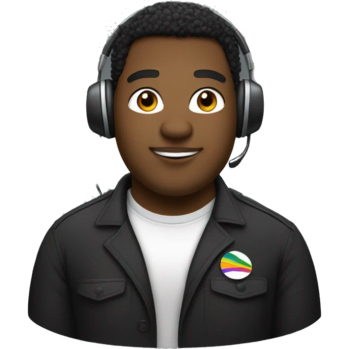 A black gay chubby guy, using a badge with his name who is Gustavo, he uses a telemarketing headphone and a black tshirt  emoji