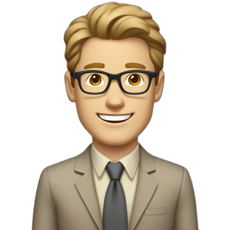 Joyful Pale skinned Fit Man With dark brown hair in gray jacket, beige office shirt, Brown pants and vintage glasses. His thrumbs up emoji