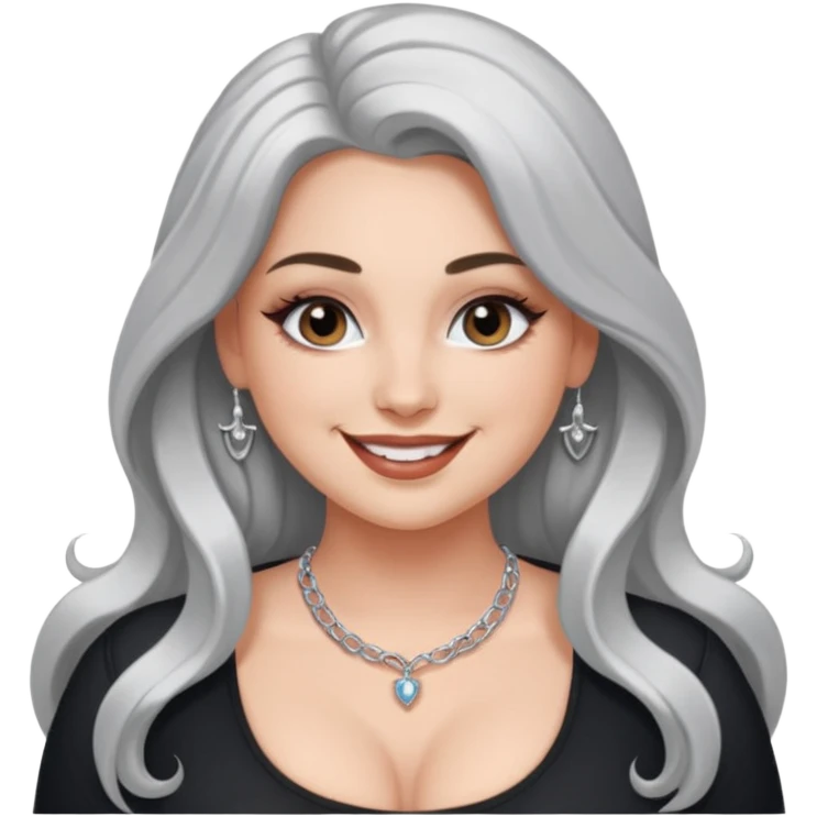 long hair. white thot voluptous chest and gen z makeup simple silver accessories. big topless hanging chest. smug detailed face. emoji