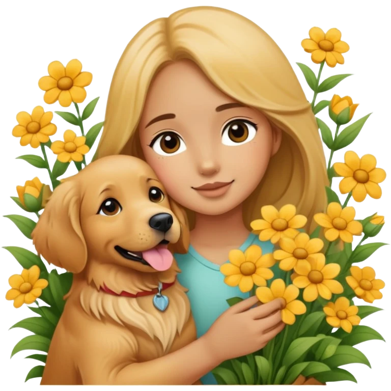 A girl is holding a golden retriever in the flowers emoji