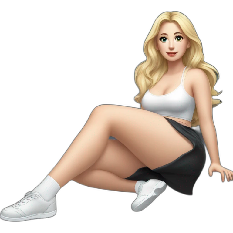 hyperrealistic-full-body-caucasian-curvy-beauty-sitting on the ground-small black-skirt-white knickers white socks emoji