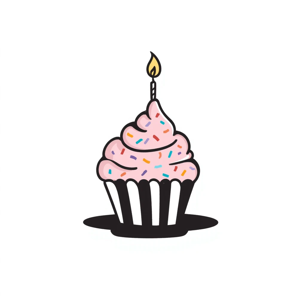 A single decorated birthday cupcake with swirled frosting, colorful sprinkles, and a lit candle on top. Using pastel colors (pink, light blue, lavender, peach). Hand-drawn doodle style with festive details. Cute celebratory design. emoji