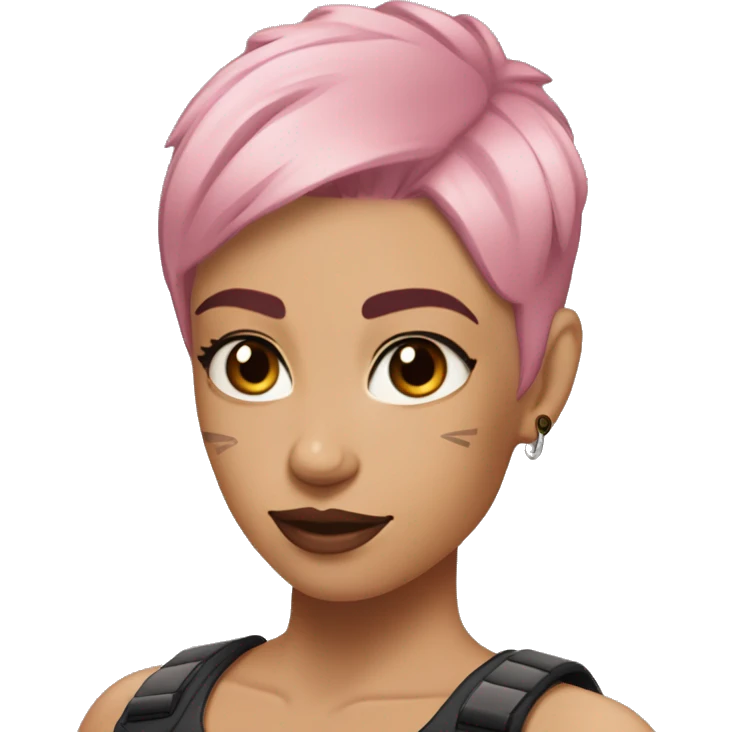 short pink hair  woman with vi roman numeral cheek tatoo buff muscular arms with a tank top on lesian woman emoji