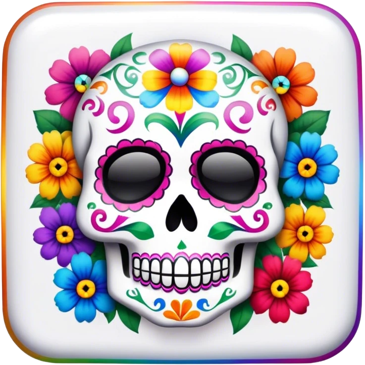 Beveled square shaped button with day of the dead sugar skull and rainbow colored flowers in the center emoji