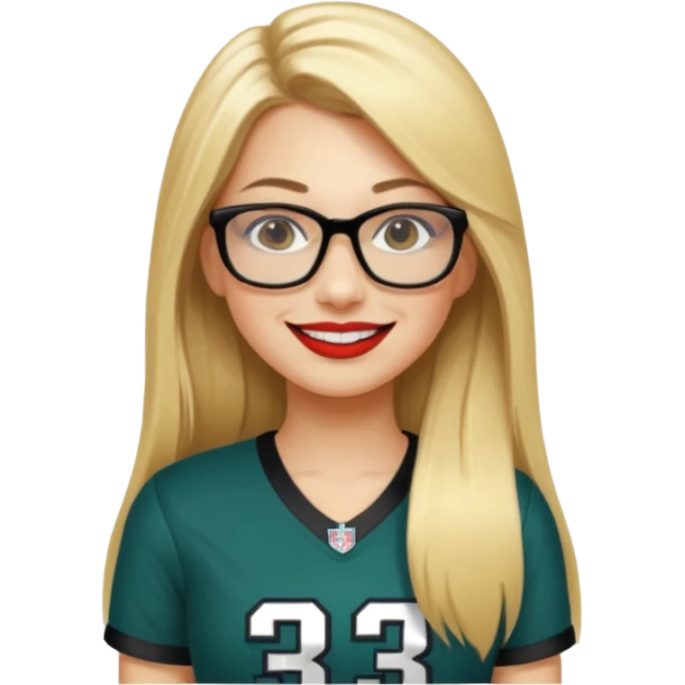 long blonde straight hair, black small glasses, smiling, lipstick, full length eagles football uniform, 33 emoji
