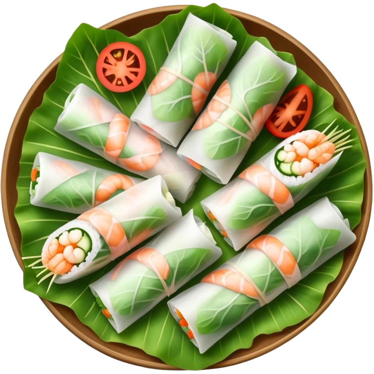 cinematic-realistic-vietnamese-summer-rolls-dish-emoji,-depicted-with-delicate-rice-paper-wraps-filled-with-fresh-vegetables-and-shrimp-rendered-with-crisp-textures-and-refreshing-lighting. emoji