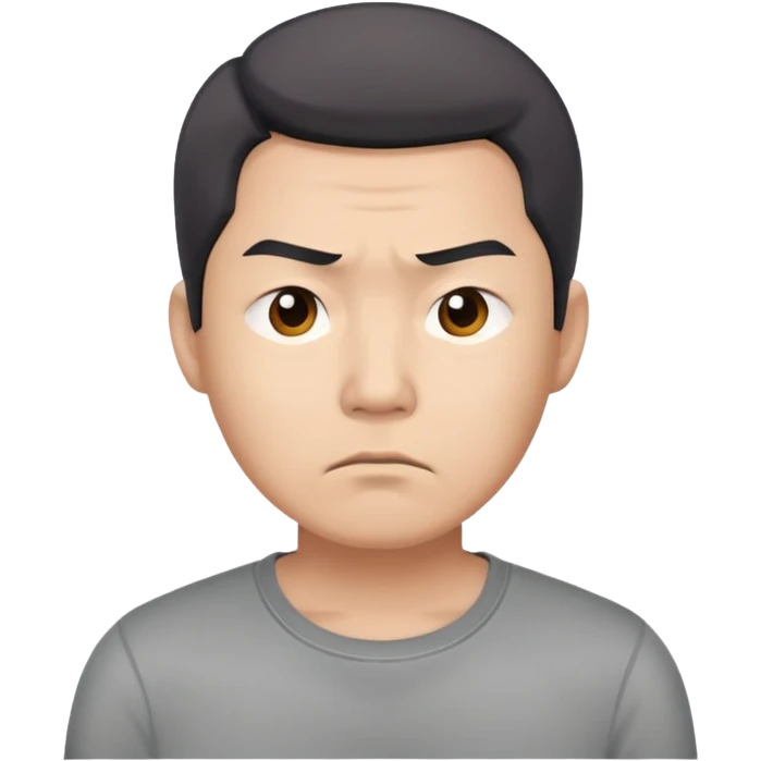 Asian man in a gray shirt with a frown emoji